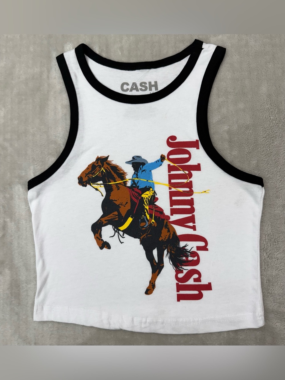 🤠 NWOT Johnny Cash Buckin' Horse Ringer Cropped Tank Top Size Small